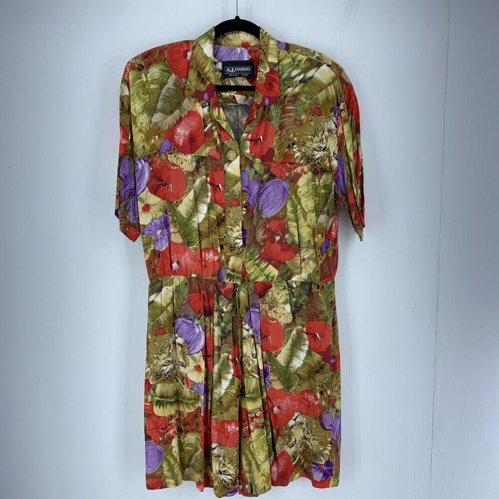 Vtg SL Fashion Women14 Romper Shorts‎ One Piece Multicolor Floral Hawaiian Beach